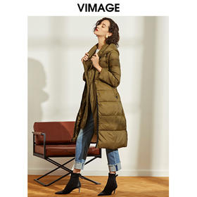 VIMAGE纬漫纪冬季新款时尚纯色收腰连帽加厚羽绒服中长款女V1011603
