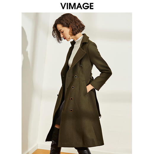 VIMAGE纬漫纪秋冬新款帅气英伦风双排扣大衣中长款女外套V1014603 商品图1