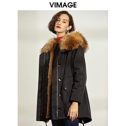 VIMAGE纬漫纪冬季大气貉子毛领保暖兔毛里派克服大衣女V1093604 商品图1