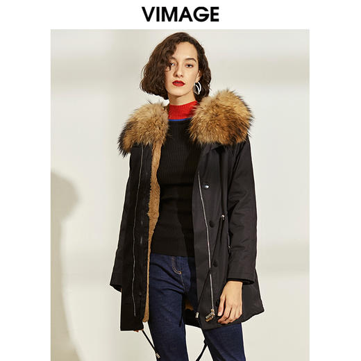 VIMAGE纬漫纪冬季大气貉子毛领保暖兔毛里派克服大衣女V1093604 商品图2
