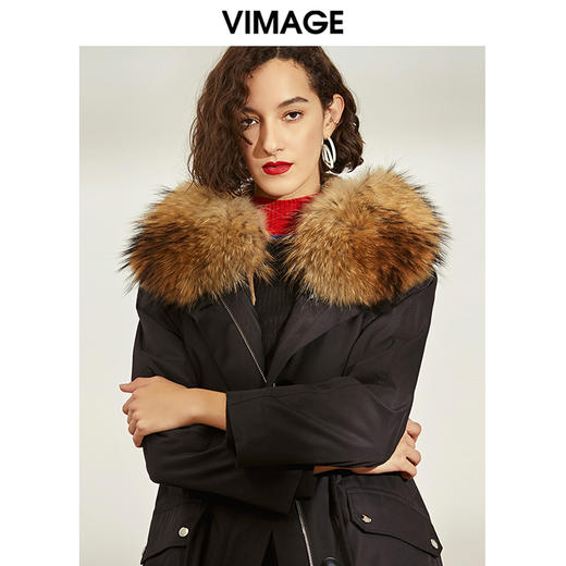 VIMAGE纬漫纪冬季大气貉子毛领保暖兔毛里派克服大衣女V1093604 商品图0