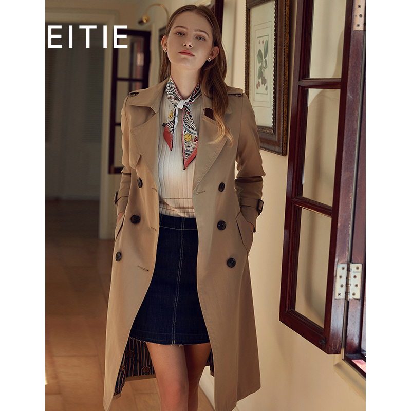 EITIE爱特爱女装秋季气质翻驳领挺括双排扣收腰优雅风衣外套D1904333