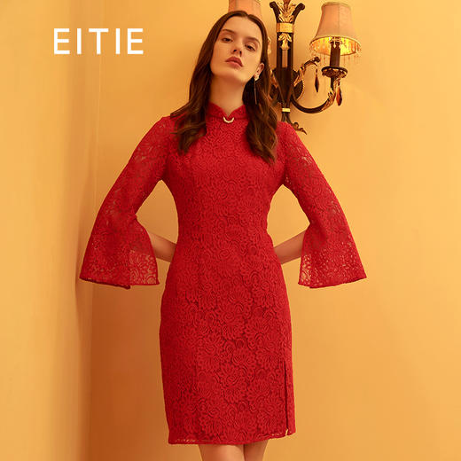 EITIE爱特爱女装秋季新钉珠开叉茶卡盐湖红色修身蕾丝连衣裙C1907304 商品图0