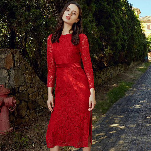 EITIE爱特爱秋季九分袖收腰蕾丝茶卡盐湖红色礼服连衣裙中长C1907306 商品图1