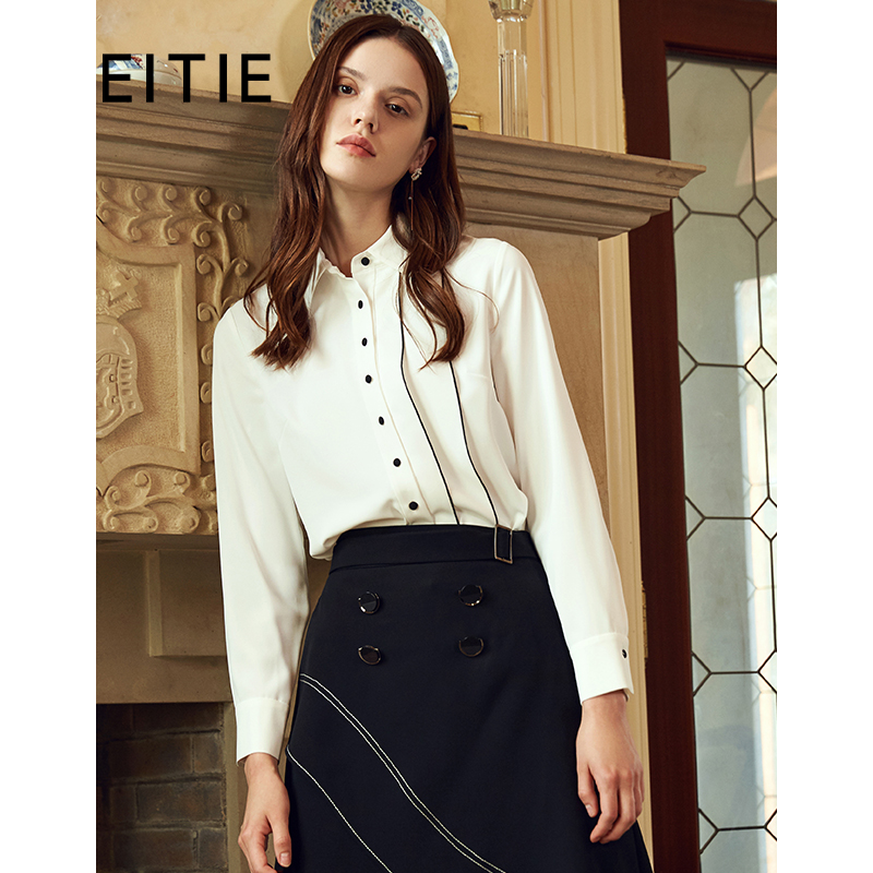 EITIE爱特爱女装春秋季新款长袖线条拼接白色简约气质衬衫薄C1909306