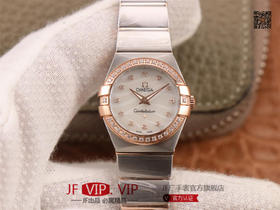 8848F欧米茄星座系列，表径24mm，搭载原版欧米茄1376专用机芯，字面采用一级珍珠贝母和南非真钻制成，表带18K金盾牌，女士腕表，精钢表带，自动机械机芯