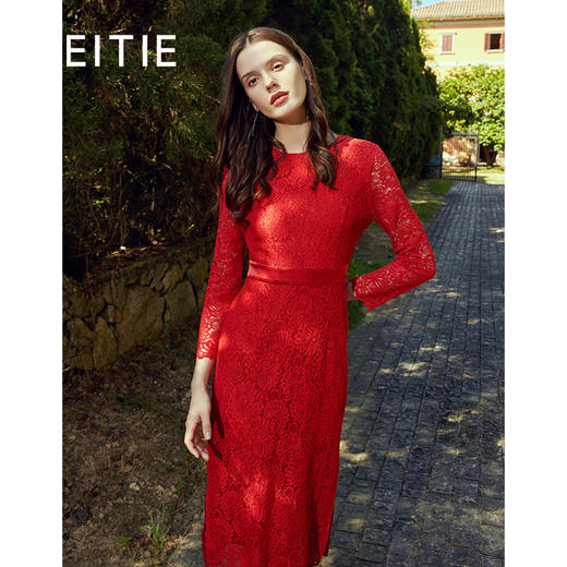 EITIE爱特爱秋季九分袖收腰蕾丝茶卡盐湖红色礼服连衣裙中长C1907306 商品图0