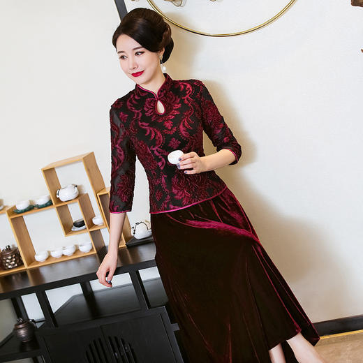 wxsr999秋冬新款中式复古旗袍婚宴妈妈装长款金丝绒礼服连衣裙
