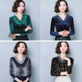 KQL E001M3407丝绒烫钻V领印花大码小衫