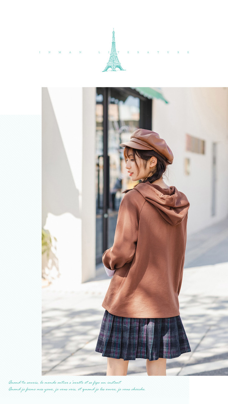 茵曼卫衣女2019冬装新款连帽抽绳绣花卷边长袖红棕色宽松百搭上衣