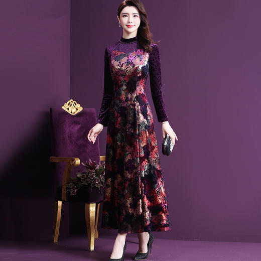 WXY-3959W秋冬新品烫钻立领长袖修身时尚洋气阔太太连衣裙 商品图0