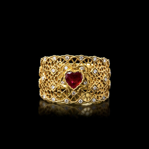 欧洲古董18k金红宝石钻石蜂巢戒指