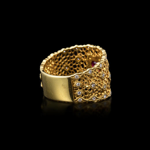 欧洲古董18k金红宝石钻石蜂巢戒指