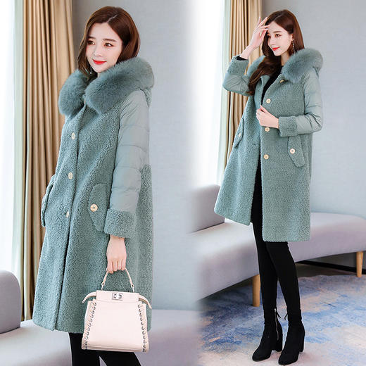 LJY-F7702-1117冬季颗粒绒拼接大毛领连帽女式棉衣 商品图2