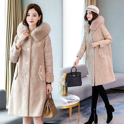 LJY-F7702-1117冬季颗粒绒拼接大毛领连帽女式棉衣 商品图1