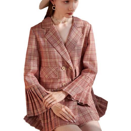 欧芮儿新品格子西装连衣裙女气质收腰中长款长袖不规则百褶裙 商品图3