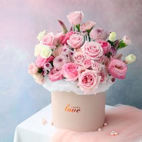 公主献礼-粉雪山玫瑰乒乓菊桔梗花