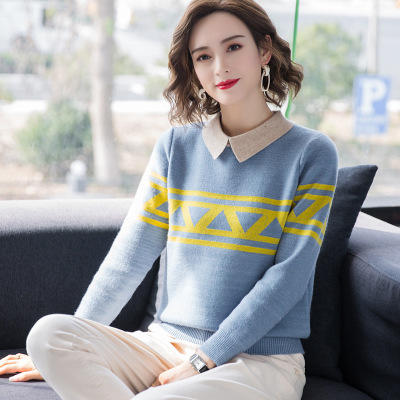 FC 1925  2019秋冬季新款女装娃娃领条纹针织衫百搭短款一体绒打底衫 商品图0