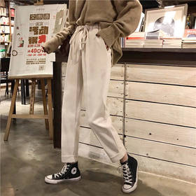 韩版宽松加厚松紧腰休闲高腰直筒毛呢显瘦裤长裤学生裤子七夕情人节