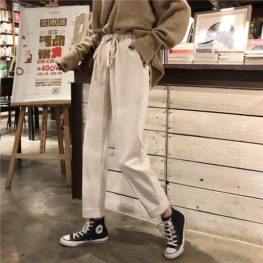 韩版宽松加厚松紧腰休闲高腰直筒毛呢显瘦裤长裤学生裤子七夕情人节 商品图0