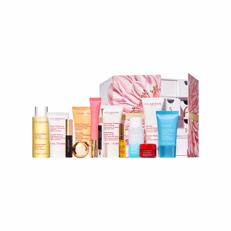 CLARINS/娇韵诗 12天圣诞倒数日历(美颜霜50ML+ 唇蜜01 12ML+洁面膏15ML +急救面膜 15ML+磨砂乳30ML+化妆水(黄水)等)JPY带授权招加盟代理