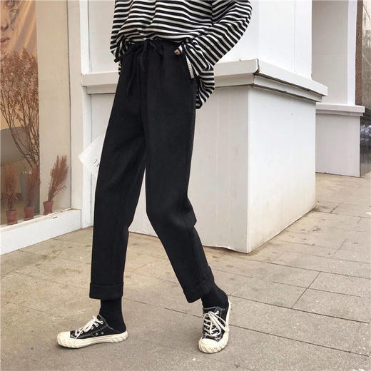 韩版宽松加厚松紧腰休闲高腰直筒毛呢显瘦裤长裤学生裤子七夕情人节 商品图2