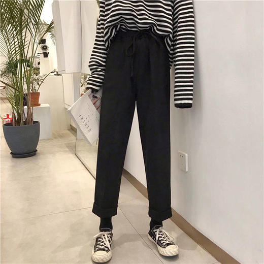 韩版宽松加厚松紧腰休闲高腰直筒毛呢显瘦裤长裤学生裤子七夕情人节 商品图1