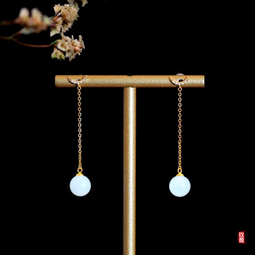 18K玫瑰金和田玉（白玉）镶钻玉珠耳饰--微微一笑 10mm/ 总长45mm 商品图0