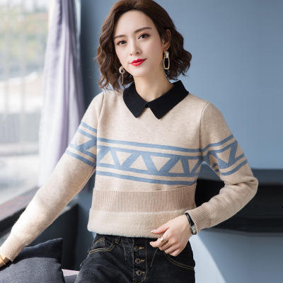 FC 1925  2019秋冬季新款女装娃娃领条纹针织衫百搭短款一体绒打底衫 商品图1