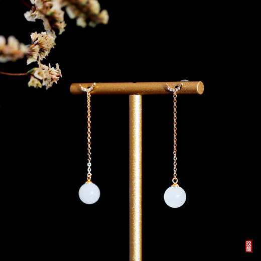 18K玫瑰金和田玉（白玉）镶钻玉珠耳饰--微微一笑 10mm/ 总长45mm 商品图1