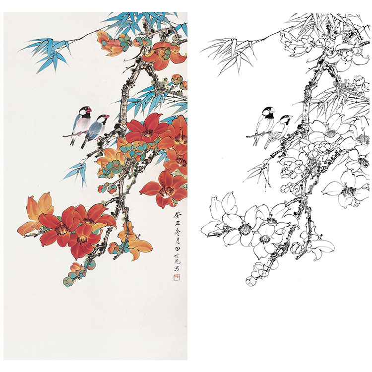 田世光工笔竖幅花鸟白描底稿-SG49