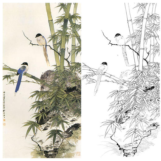 田世光工笔竖幅花鸟白描底稿竹枝双鹊多种白描尺寸可选sg75