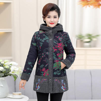 fw073妈妈冬装外套女冬花棉袄中长款加绒加厚棉服中老年人棉衣