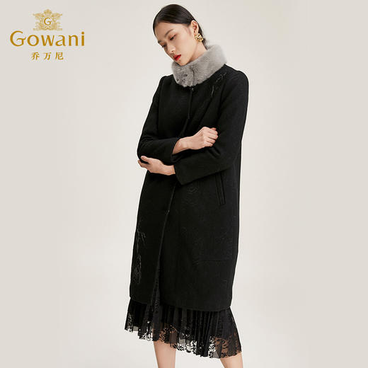 【绵羊毛水貂毛领】乔万尼毛呢大衣流行中长款黑色大衣冬季气质毛呢外套女EN4A721 商品图1