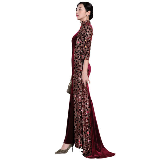 DLQ-A2097秋冬长款优雅红色蚀骨旗袍年轻款复古礼服 商品图1