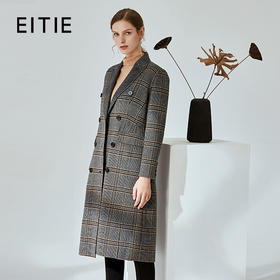 EITIE爱特爱冬季洋气格纹双排扣羊毛双面呢大衣女中长款6014725