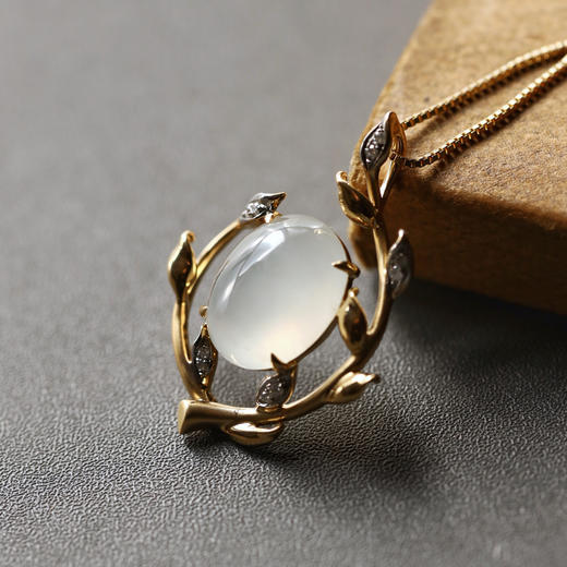 橄榄树系列冰种翡翠大蛋面吊坠18k黄金钻石镶嵌 商品图1