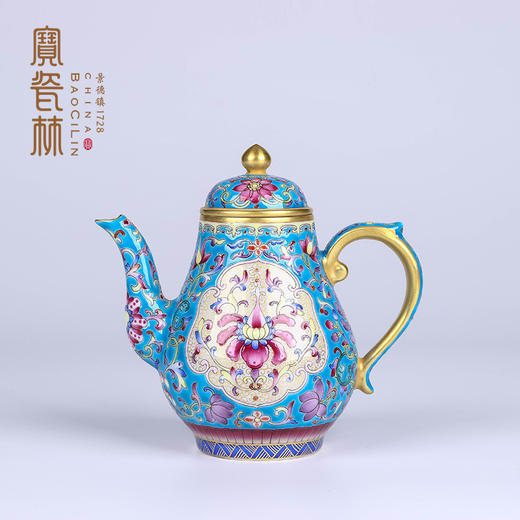 宝瓷林蓝地珐琅彩描金开光花卉高梨壶 商品图4