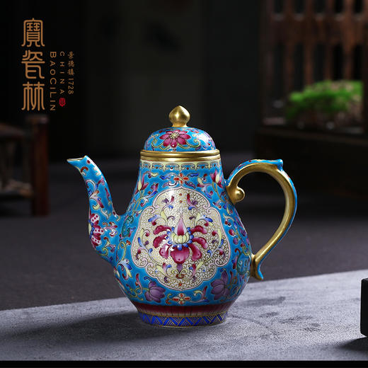 宝瓷林蓝地珐琅彩描金开光花卉高梨壶 商品图2