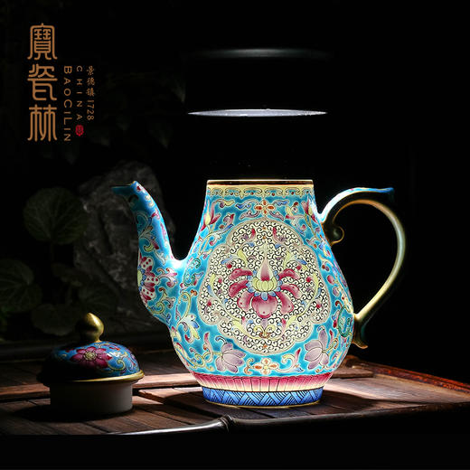 宝瓷林蓝地珐琅彩描金开光花卉高梨壶 商品图1