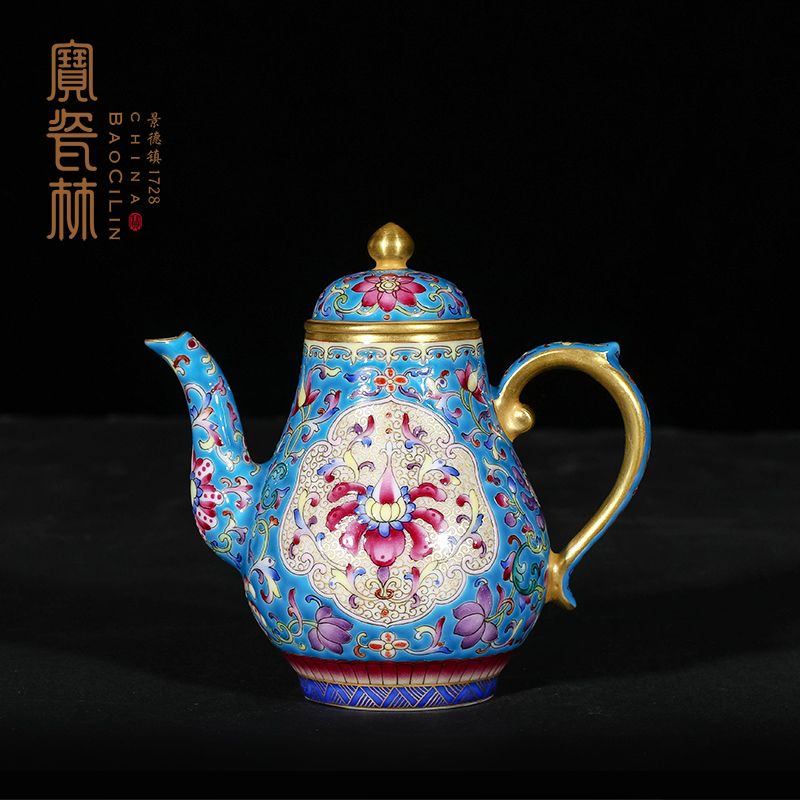 宝瓷林蓝地珐琅彩描金开光花卉高梨壶