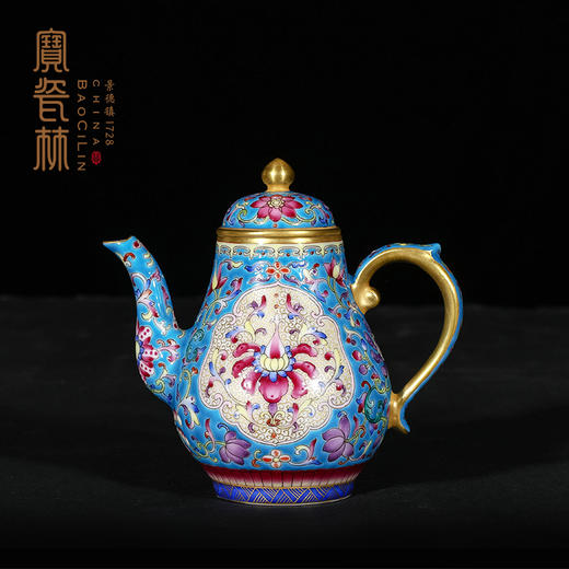 宝瓷林蓝地珐琅彩描金开光花卉高梨壶 商品图0