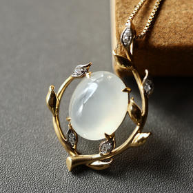 橄榄树系列冰种翡翠大蛋面吊坠18k黄金钻石镶嵌