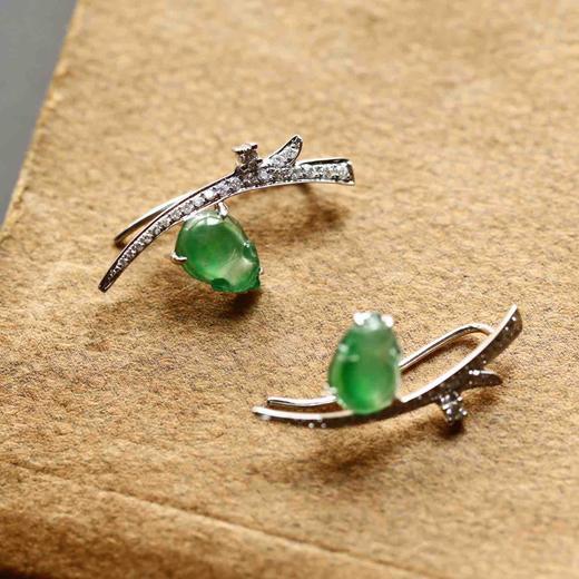 高冰种阳绿翡翠萌鼠耳夹18k白金钻石镶嵌 商品图0