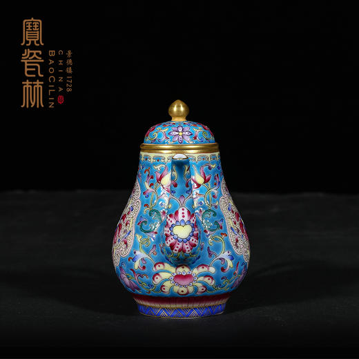 宝瓷林蓝地珐琅彩描金开光花卉高梨壶 商品图3