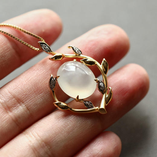 橄榄树系列冰种翡翠大蛋面吊坠18k黄金钻石镶嵌