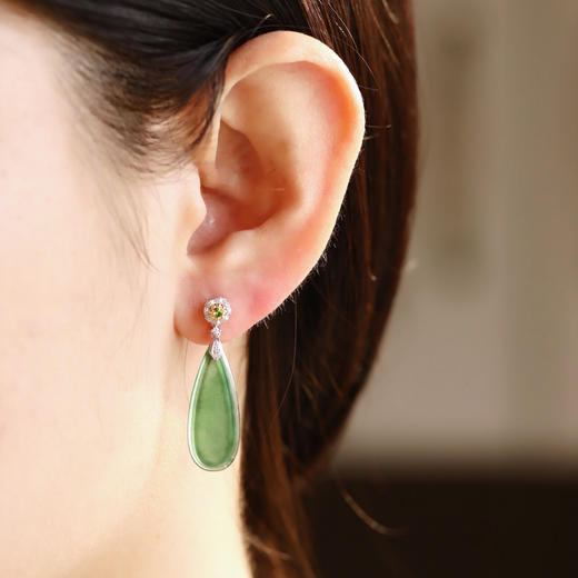 冰种湖水绿翡翠大水滴耳坠18k白金钻石镶嵌 商品图8