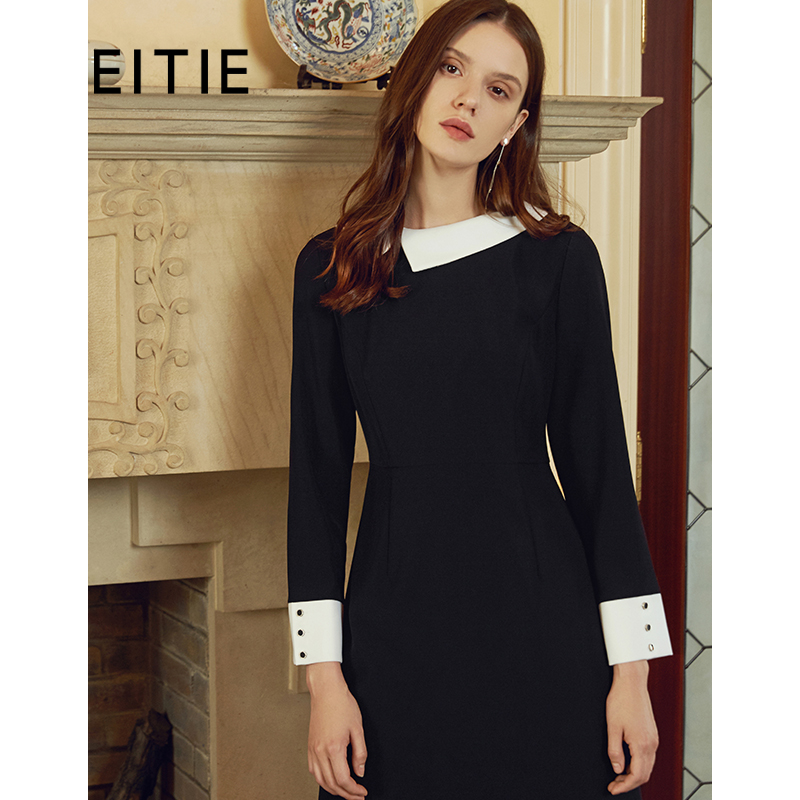 EITIE爱特爱女装简约大方时尚黑白拼色显瘦修身连衣裙D1907307
