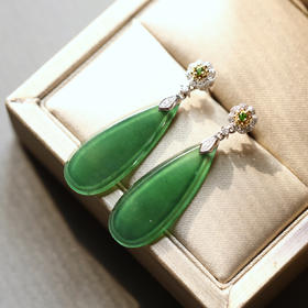 冰种湖水绿翡翠大水滴耳坠18k白金钻石镶嵌