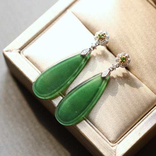 冰种湖水绿翡翠大水滴耳坠18k白金钻石镶嵌 商品图0